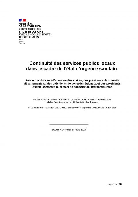 Continuité des services publics locaux dans le cadre de l’état d’urgence sanitaire