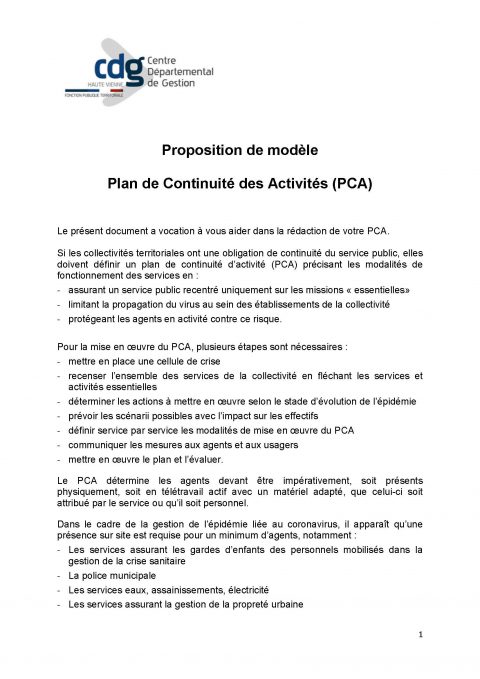 Le PCA (plan de continuité de l’activité ) – Modèle CDG87 –
