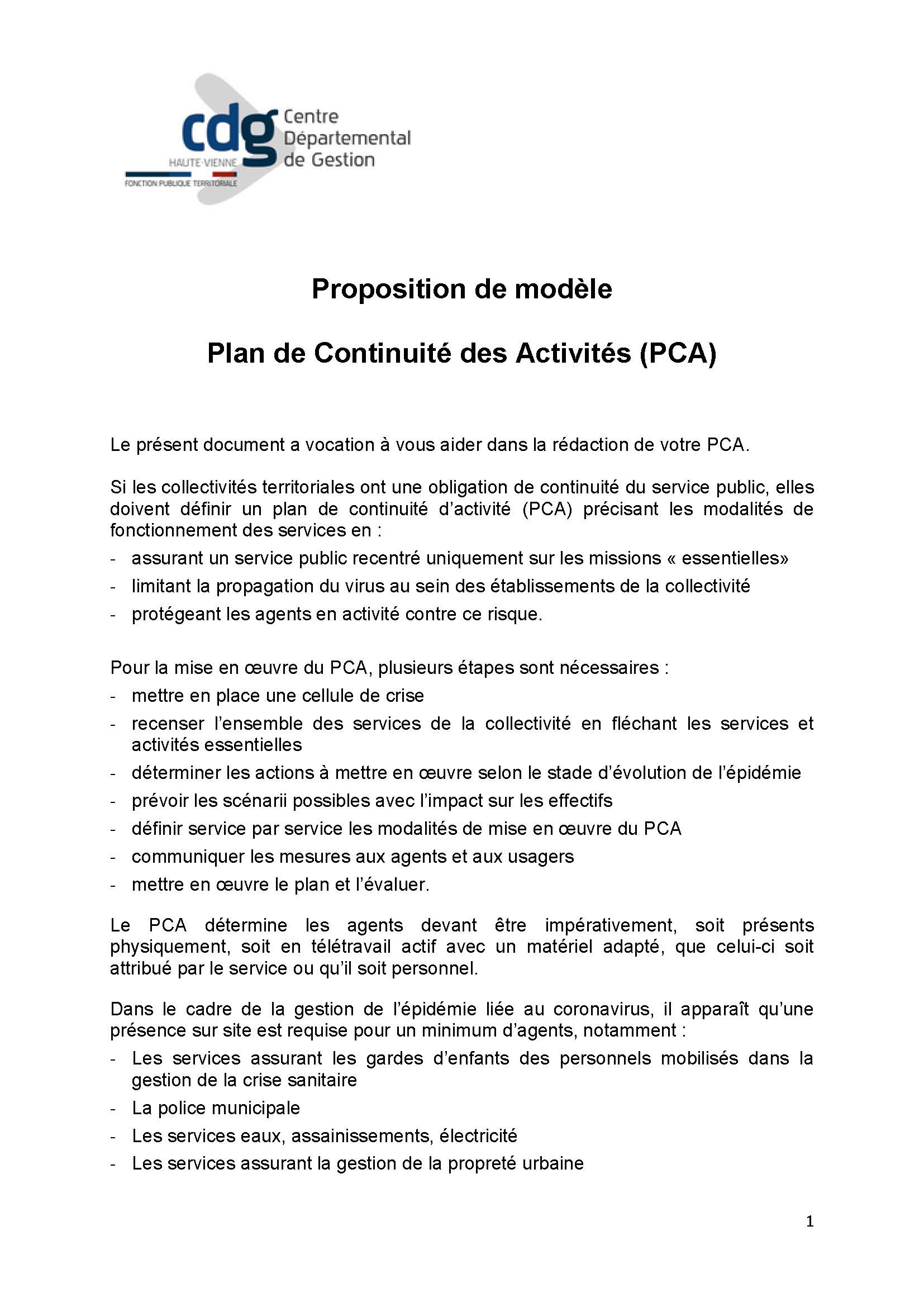 Le PCA plan  de  continuit  de  l activit  Mod le CDG87 