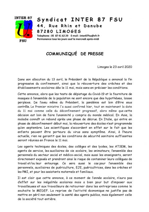 COMMUNIQUÉ DE PRESSE INTER87-FSU « DÉCONFINEMENT »