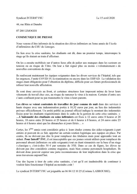 COMMUNIQUE DE PRESSE INFIRMIER-E-S INTER87-FSU