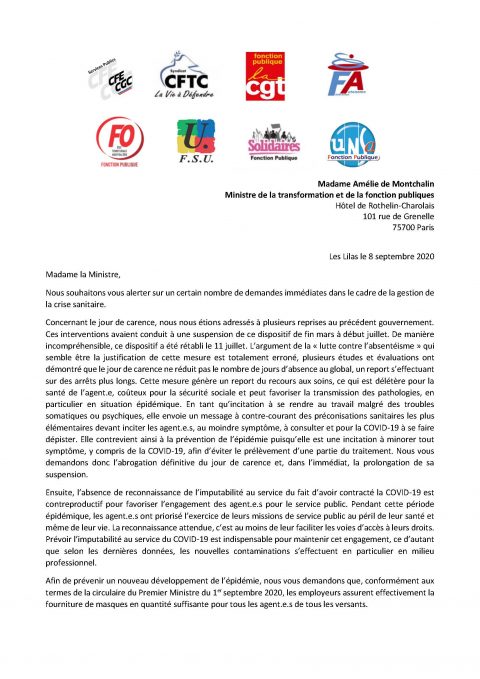 Courrier intersyndical à la ministre de la Fonction Publique