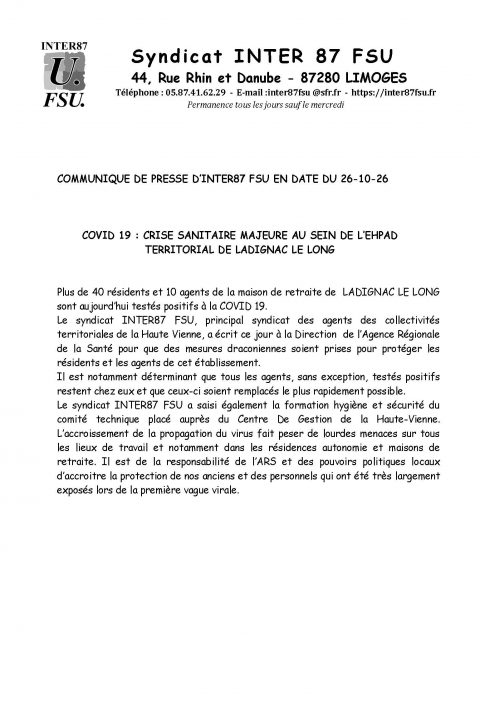 COMMUNIQUE DE PRESSE D’INTER87-FSU EN DATE DU 26-10-20