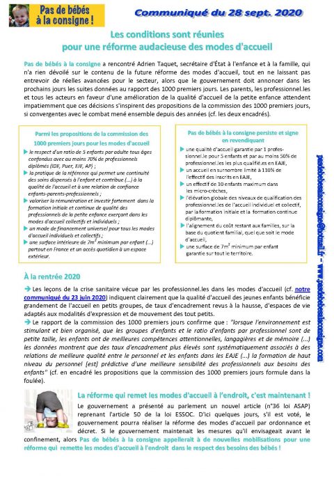 Pas de bébé à la consigne : communiqué du 28 septembre 2020