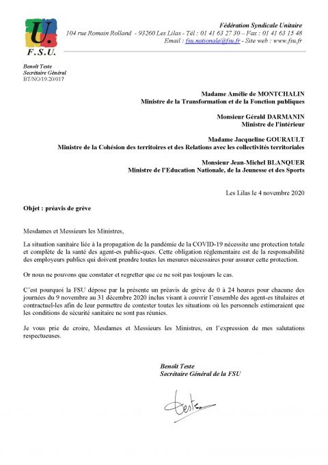 Préavis de grève FSU du 9 novembre au 31 décembre 2020