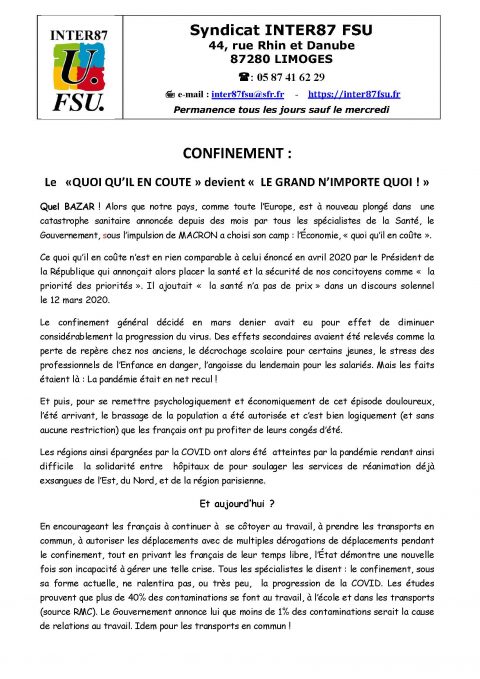 CONFINEMENT : Le «QUOI QU’IL EN COUTE » devient « LE GRAND N’IMPORTE QUOI ! »