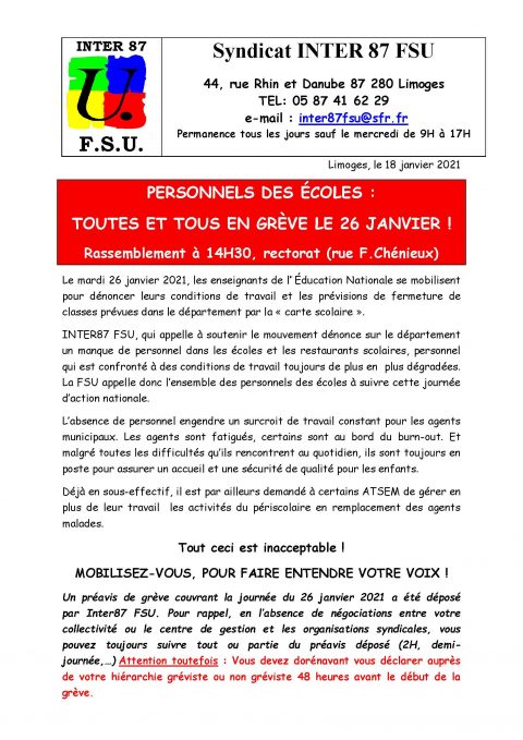 Écoles : Préavis de grève FSU 26 janvier