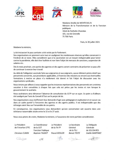 Courrier à Mme la ministre de « la transformation et de la fonction publiques »relatif à l’instauration du pass sanitaire