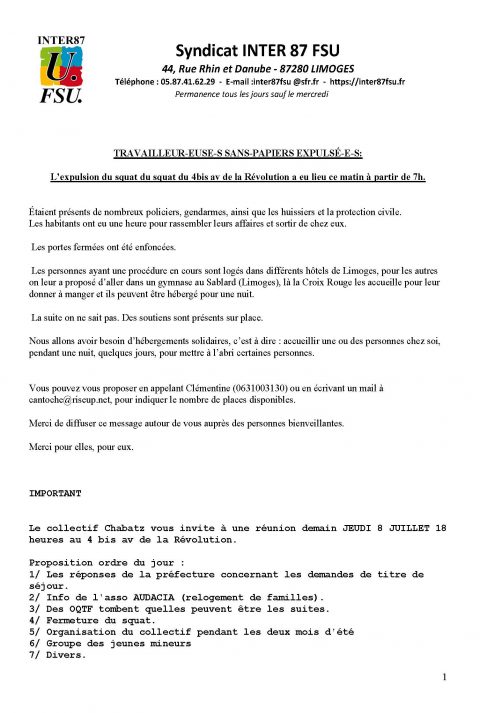 CHABATZ D’ENTRAR : URGENT expulsion des travailleurs sans papiers du 4 bis avenue de la Révolution à Limoges !! MOBILISATION A 18H30 DEVANT LA PREFECTURE DE LIMOGES
