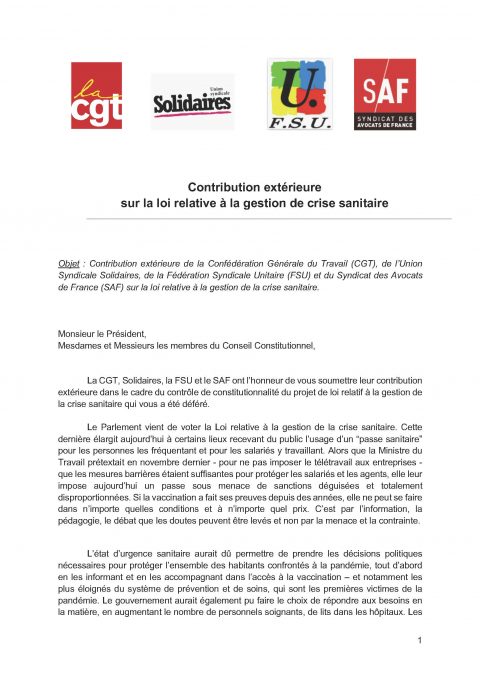 CGT-FSU-SOLIDAIRES-SAF : Contribution extérieure sur la loi relative à la gestion de crise sanitaire