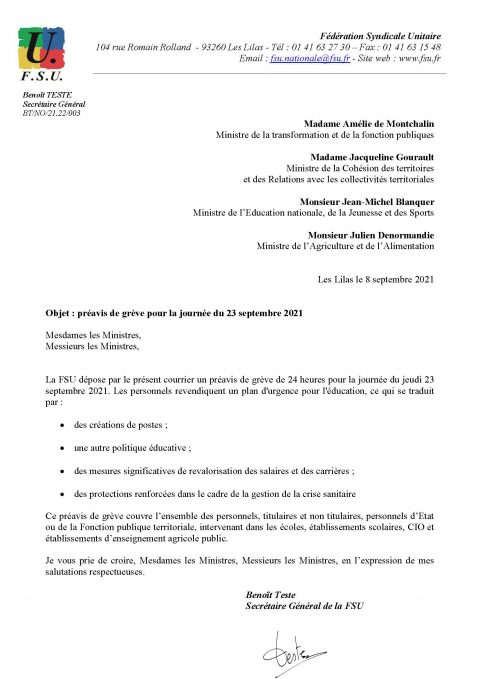 Préavis de grève du 23 septembre pour le personnel des écoles