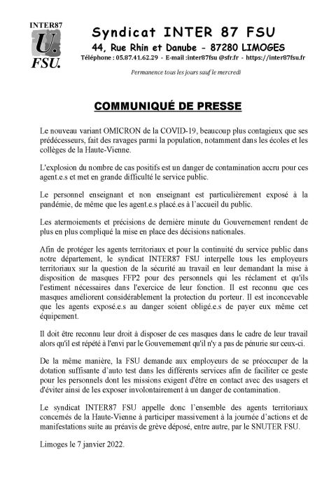 Communiqué de presse du 07/01/2022