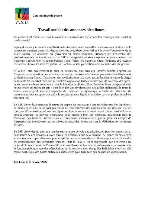 Communiqué de presse travail social