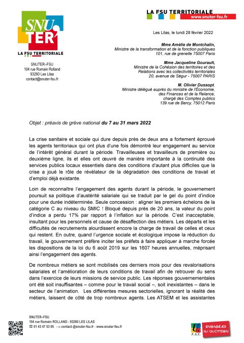 Préavis national du 7 au 31 Mars 2022