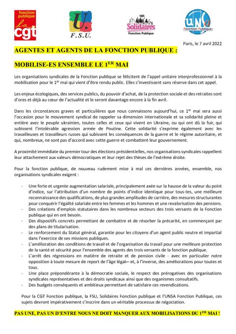 PAS UNE, PAS UN D’ENTRE NOUS NE DOIT MANQUER AUX MOBILISATIONS DU 1ER MAI !