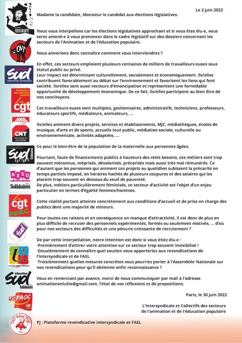 ANIMATION : Courrier adressé aux candidat-e-s aux élections législatives.