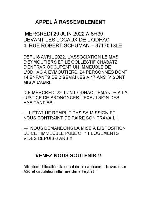 Chabatz d’Entrar : Rassemblement de soutien contre les expulsions