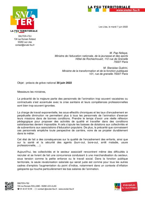 ANIMATION : préavis de grève national 30 juin 2022