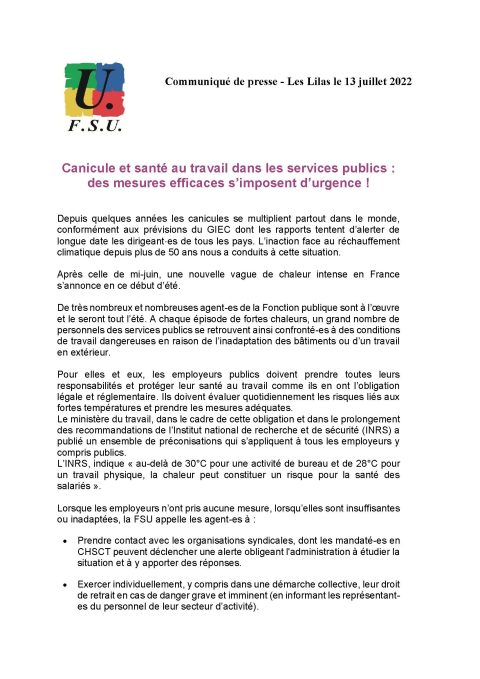 Communiqué de presse – Les Lilas le 13 juillet 2022