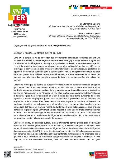 Préavis de grève national du 5 au 30 septembre 2022