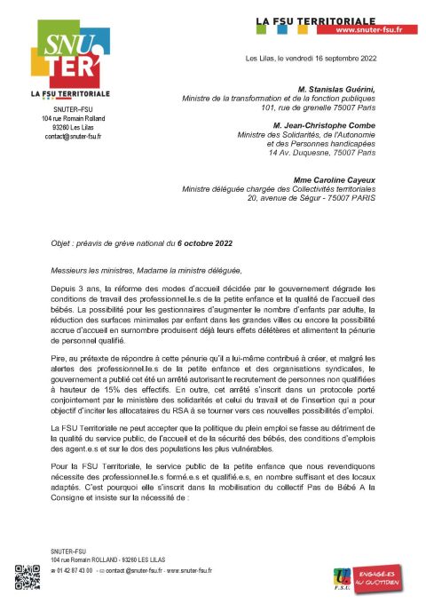 Préavis de grève SNUTER-FSUmobilisation petite enfance 6 octobre