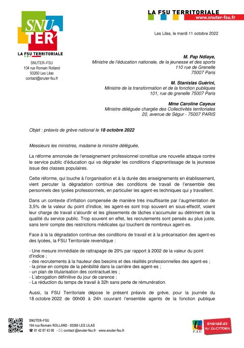 Préavis de grève national le 18 octobre 2022