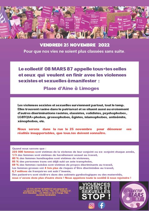Pour en finir avec les violences sexistes et sexuelles : Manifestation le Vendredi 25 Novembre 2022 à 18h place d’Aine à Limoges