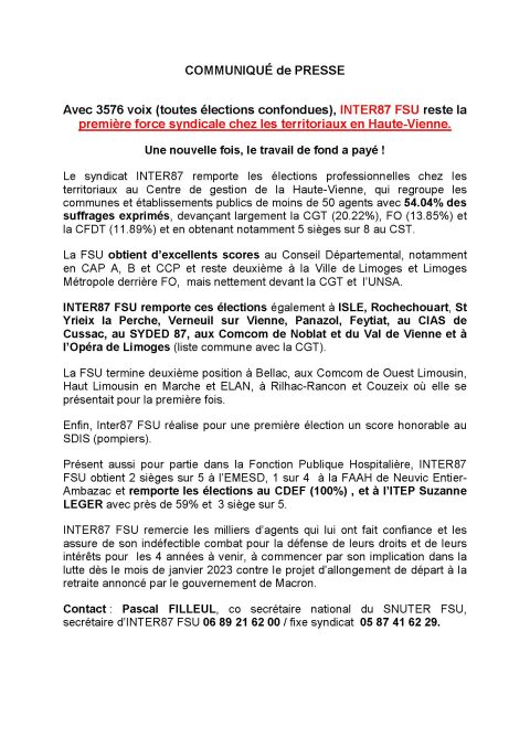 Élection FPT 2022 : COMMUNIQUÉ de PRESSE