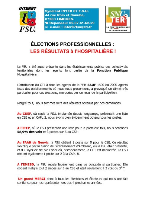 ÉLECTIONS PROFESSIONNELLES : LES RÉSULTATS à l’HOSPITALIÈRE !