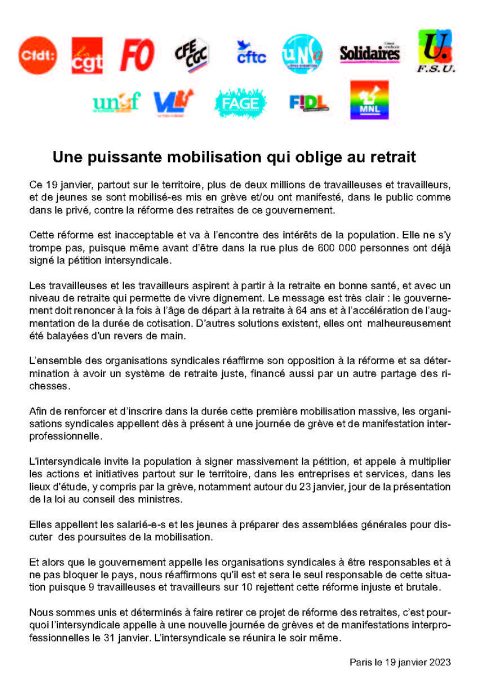Communiqué intersyndicale nationale 19 janvier 2023