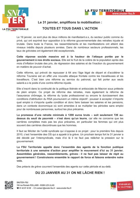 RETRAITES : communiqué du SNUTER FSU