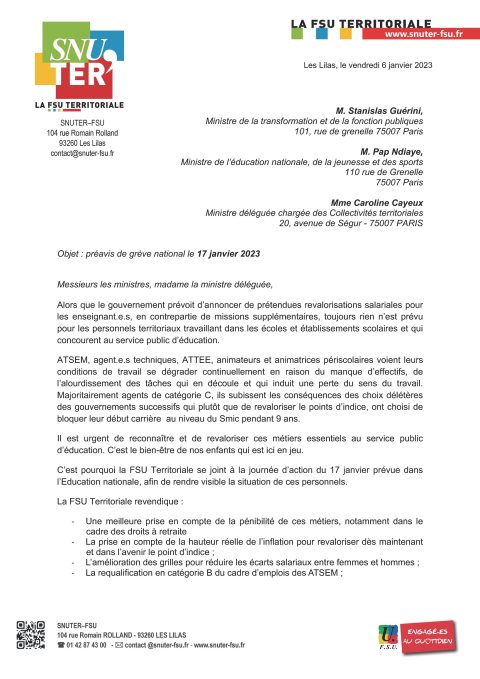 Préavis de grève national le 17 janvier 2023