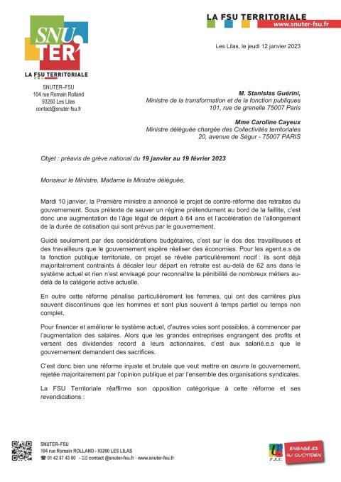 Préavis de grève FSU Territoriale 19 janvier au 19 février 2023