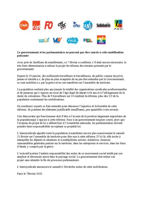 Communiqué intersyndical du 7 février