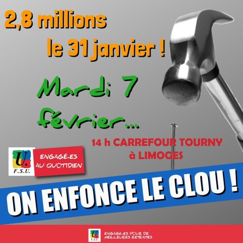 LIMOGES : Manifestation Mardi 7 février – 14h carrefour TOURNY contre l’inacceptable réforme des retraites.