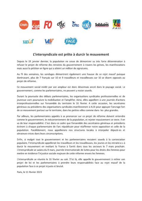 Communiqué de l’intersyndicale du 11 février 2023