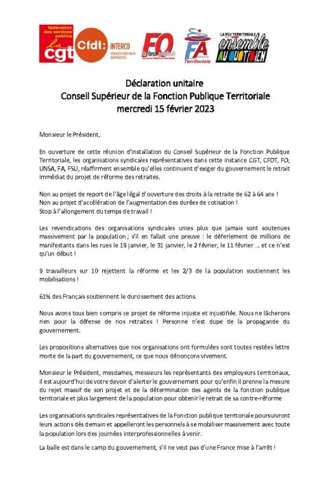 Déclaration unitaireConseil Supérieur de la Fonction Publique Territorialemercredi 15 février 2023