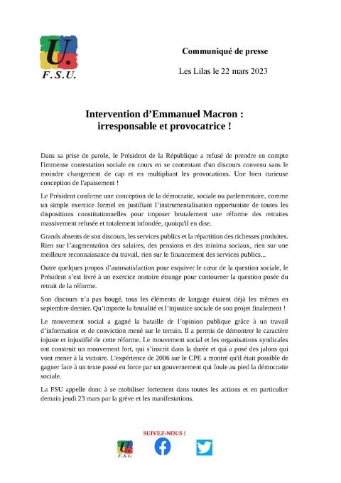 Communiqué : l’Intervention d’Emmanuel Macron : irresponsable et provocatrice !