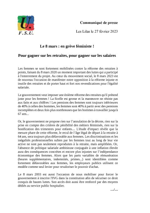 Communiqué de presse de la FSU pour un 8 mars féministe