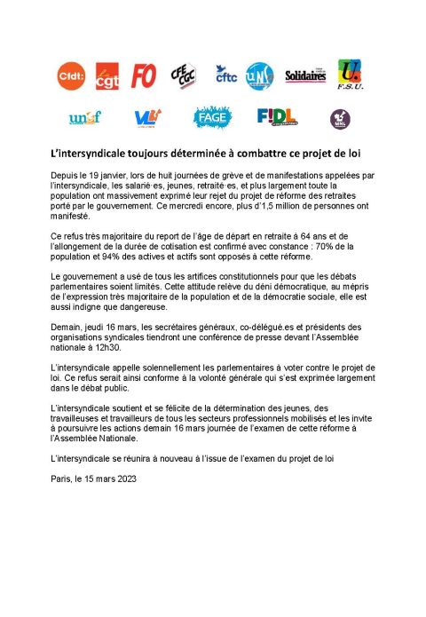 L’intersyndicale toujours déterminée à combattre ce projet de loi