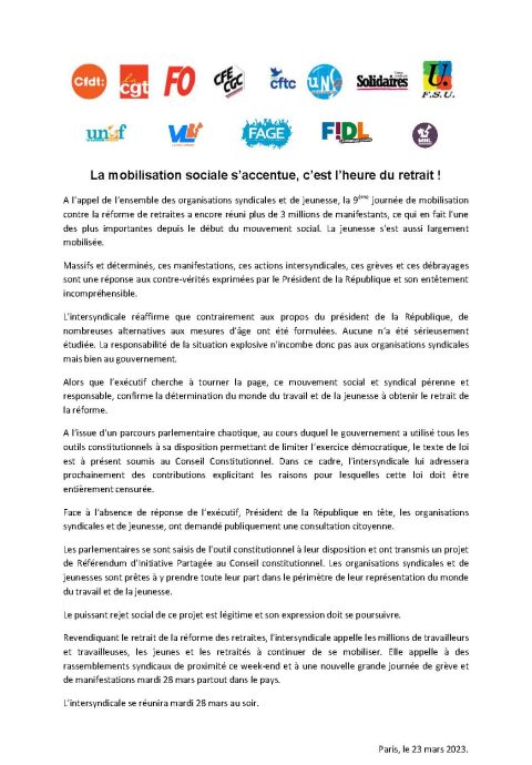 Grève et manifestation mardi 28 mars – La mobilisation sociale s’accentue, c’est l’heure du retrait !