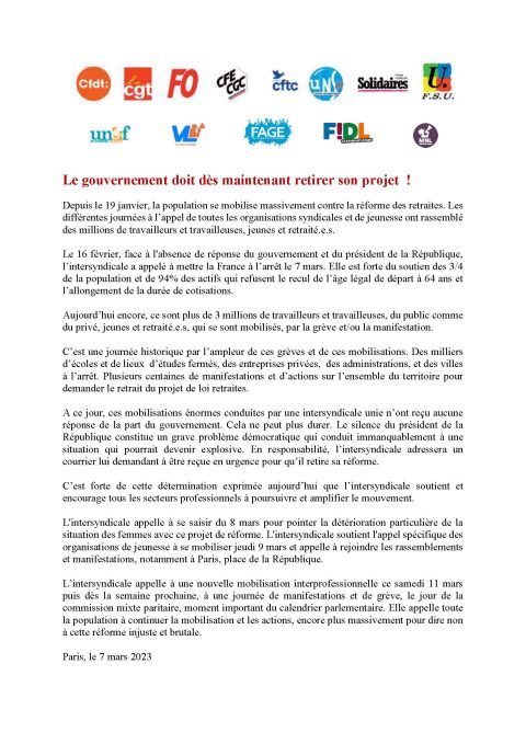 Manif 11 Mars 2023 et Communiqué de presse intersyndical du 7 mars 2023