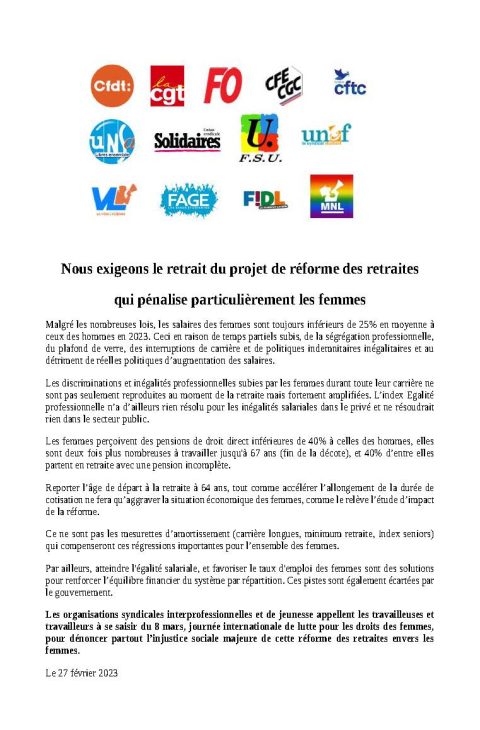 Communiqué intersyndical pour un 8 mars féministe
