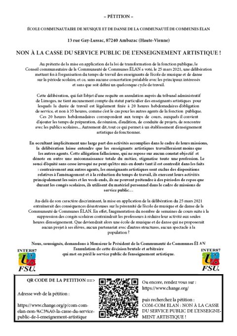 Com-Com ELAN : NON À LA CASSE DU SERVICE PUBLIC DE L’ENSEIGNEMENT ARTISTIQUE!