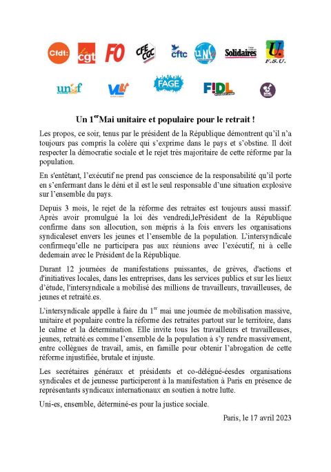 Un 1er Mai unitaire et populaire pour le retrait !