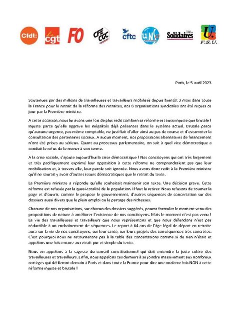 Déclaration intersyndicale à la sortie de Matignon
