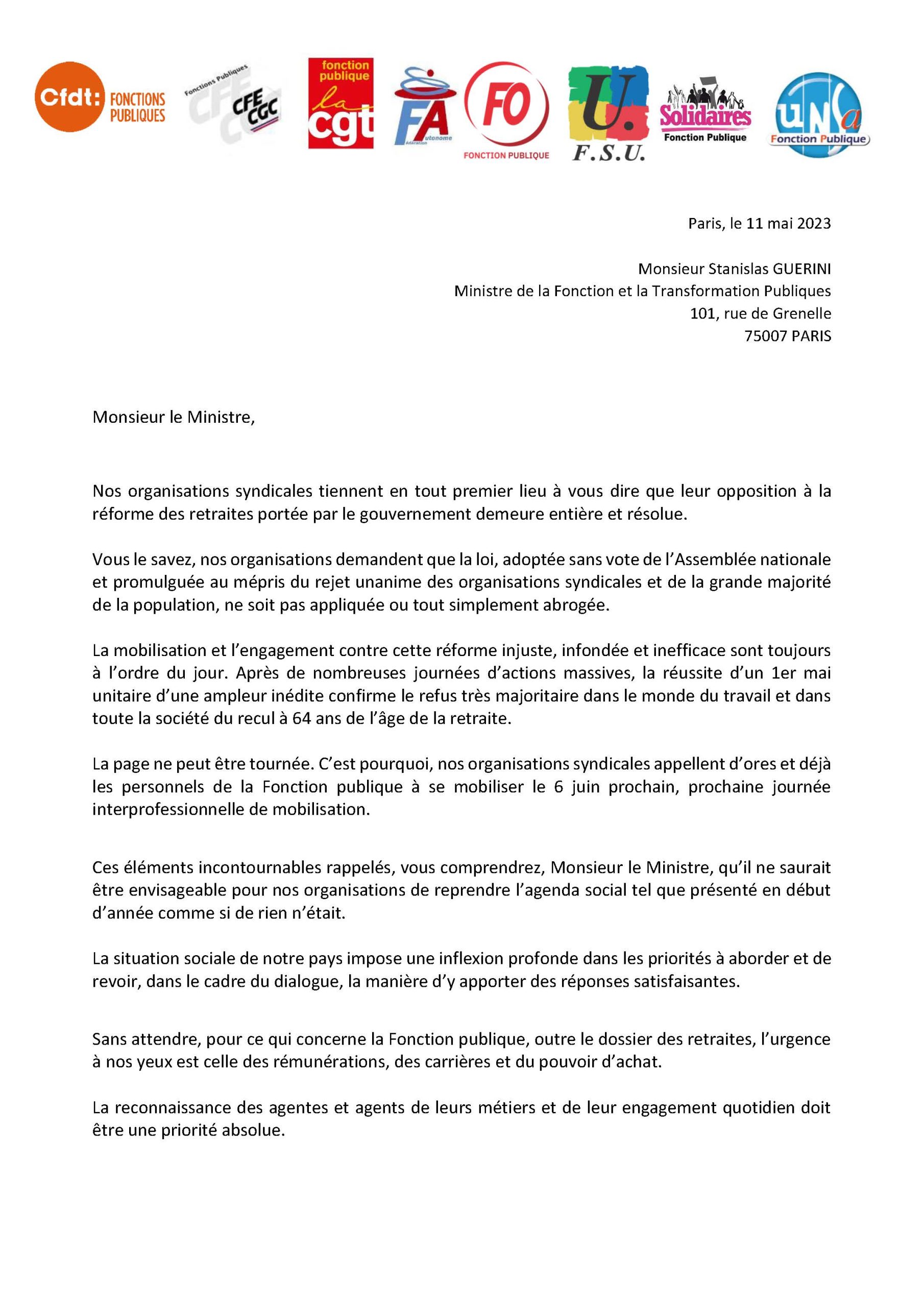 Courrier Unitaire Des Organisations Syndicales Au Ministre De La ...