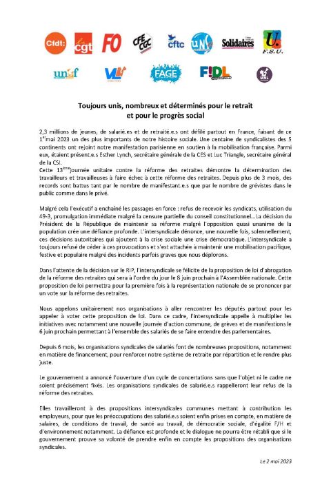 Communiqué de presse de l’intersyndicale nationale